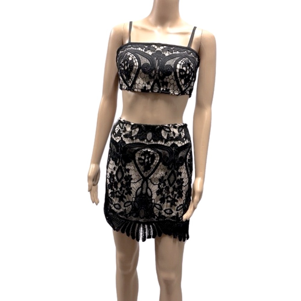Mad for Love Black Lace Zip Back Crop Top and Skirt Matching Set Womens Small